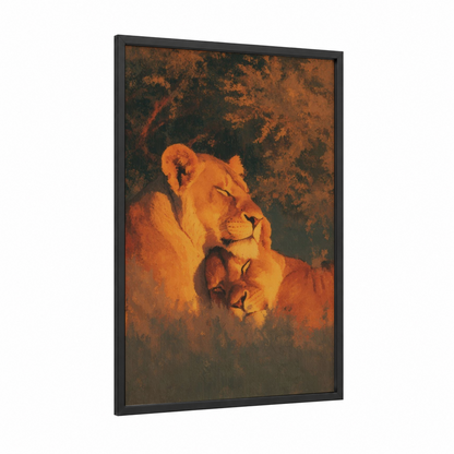 Golden Lion Bond framed animals in love print — black wood frame — gold and russet palette