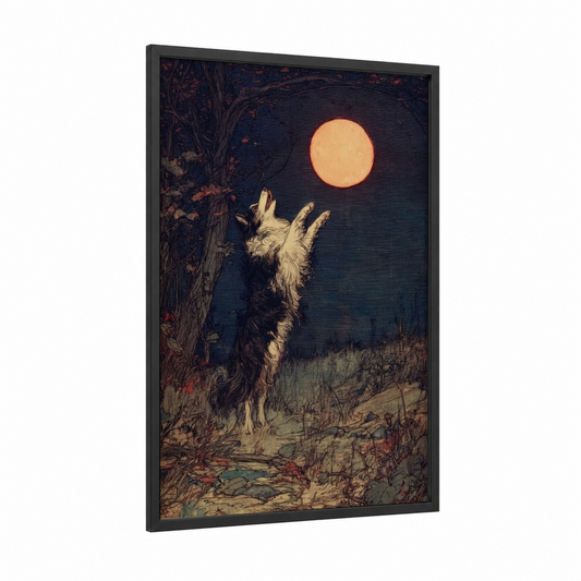 Moonlit Shepherd framed shepherd dogs and collies print — black wood frame — dark blue and gold palette