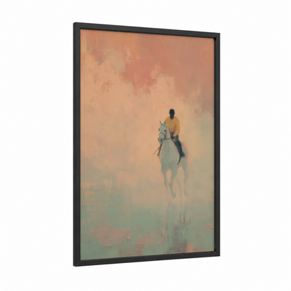 Misty Rider framed horse racing print — black wood frame — peach and sage green palette