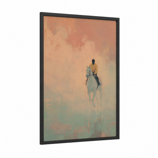 Misty Rider framed horse racing print — black wood frame — peach and sage green palette
