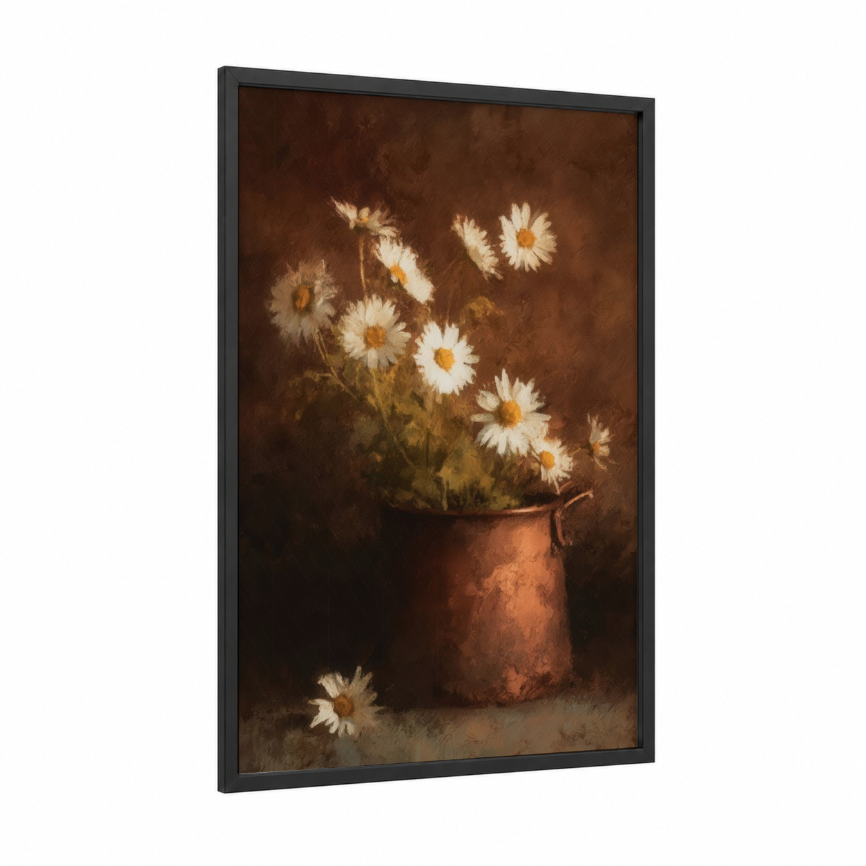 Rustic Daisy Bouquet framed art print — black wood frame — brown and cream palette