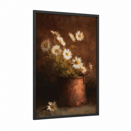 Rustic Daisy Bouquet framed art print — black wood frame — brown and cream palette