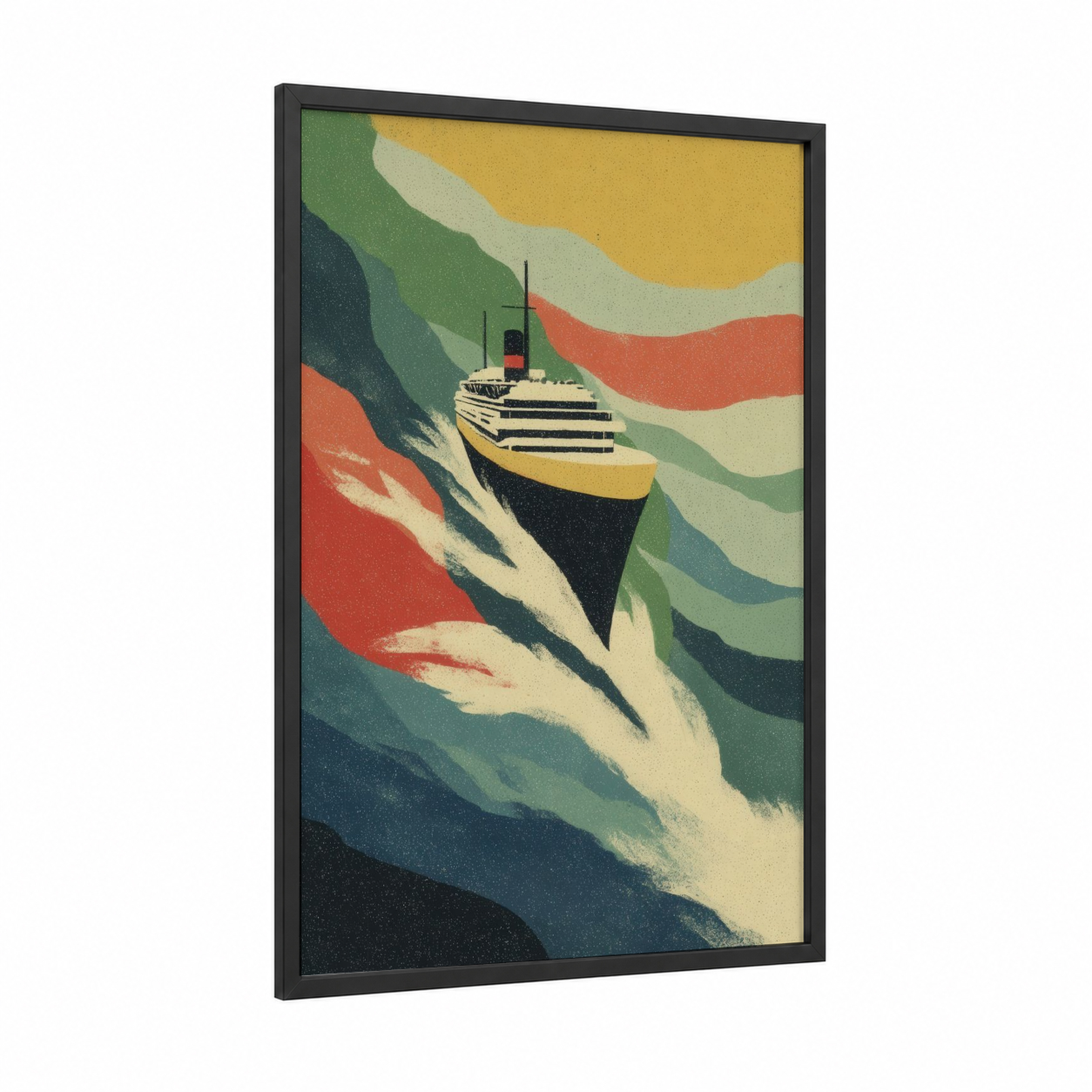 Ocean Voyage framed cruise ship print — black wood frame — gold and teal palette
