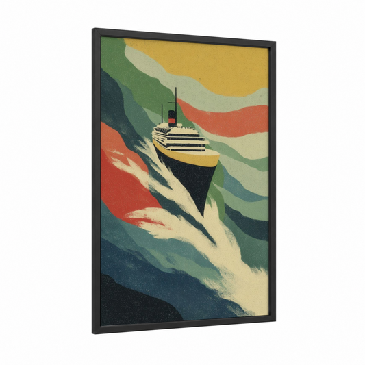 Ocean Voyage framed cruise ship print — black wood frame — gold and teal palette
