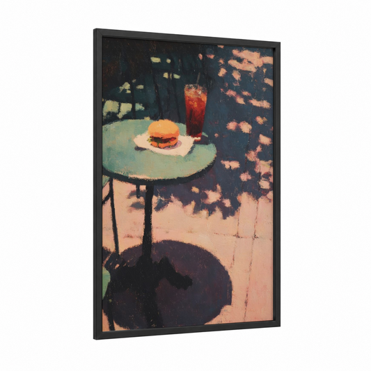 Afternoon Burger framed fast food print — black wood frame — peach and dark blue palette