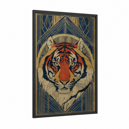 Regal Tiger Portrait framed art print — black wood frame — dark blue and gold palette