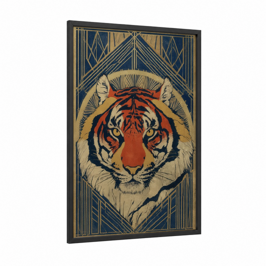 Regal Tiger Portrait framed art print — black wood frame — dark blue and gold palette