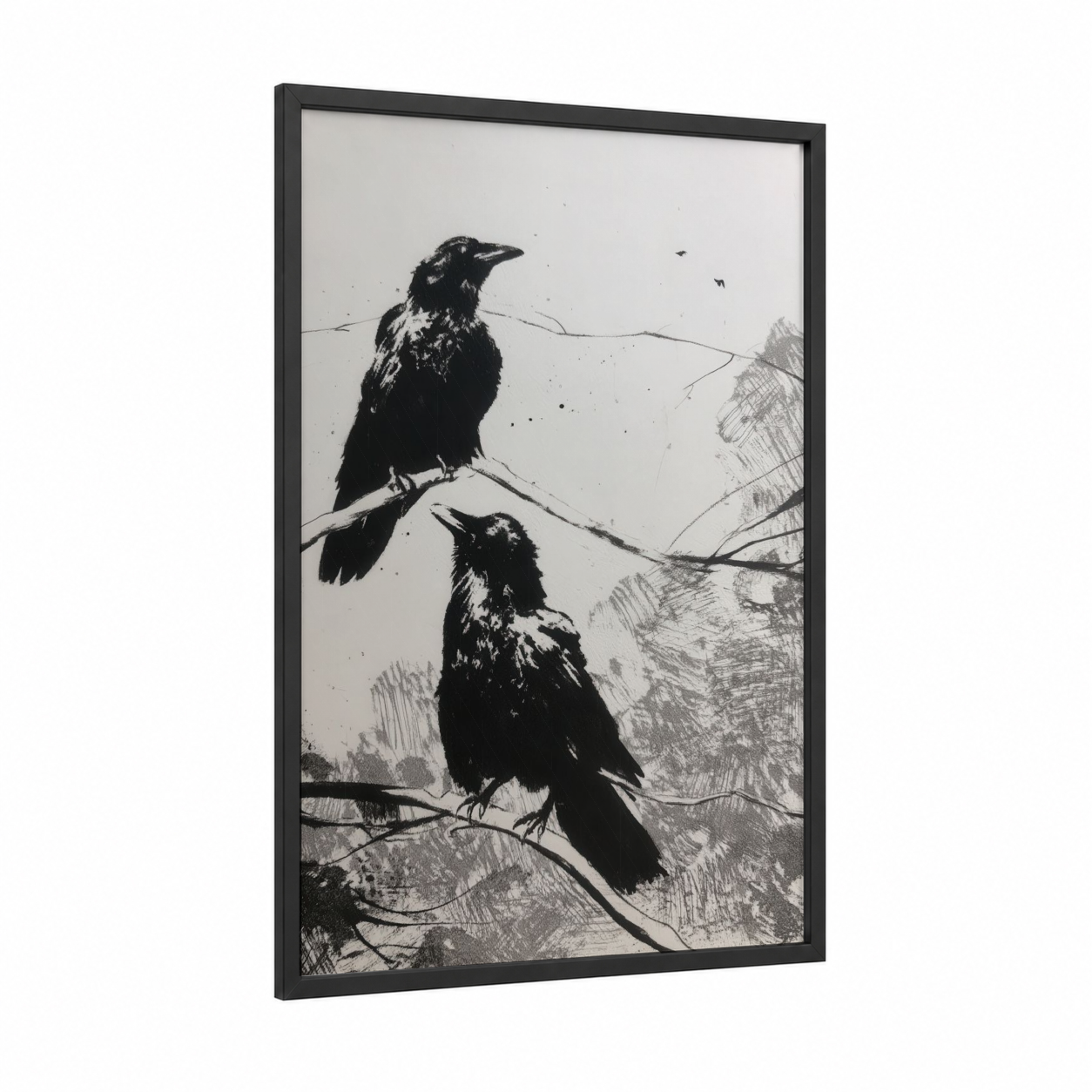 Perched Ravens Pair framed crows and ravens print — black wood frame — black and white palette
