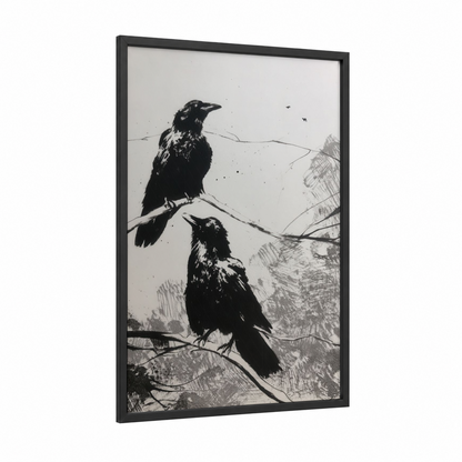 Perched Ravens Pair framed crows and ravens print — black wood frame — black and white palette