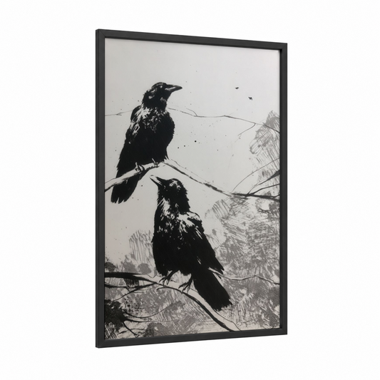 Perched Ravens Pair framed crows and ravens print — black wood frame — black and white palette
