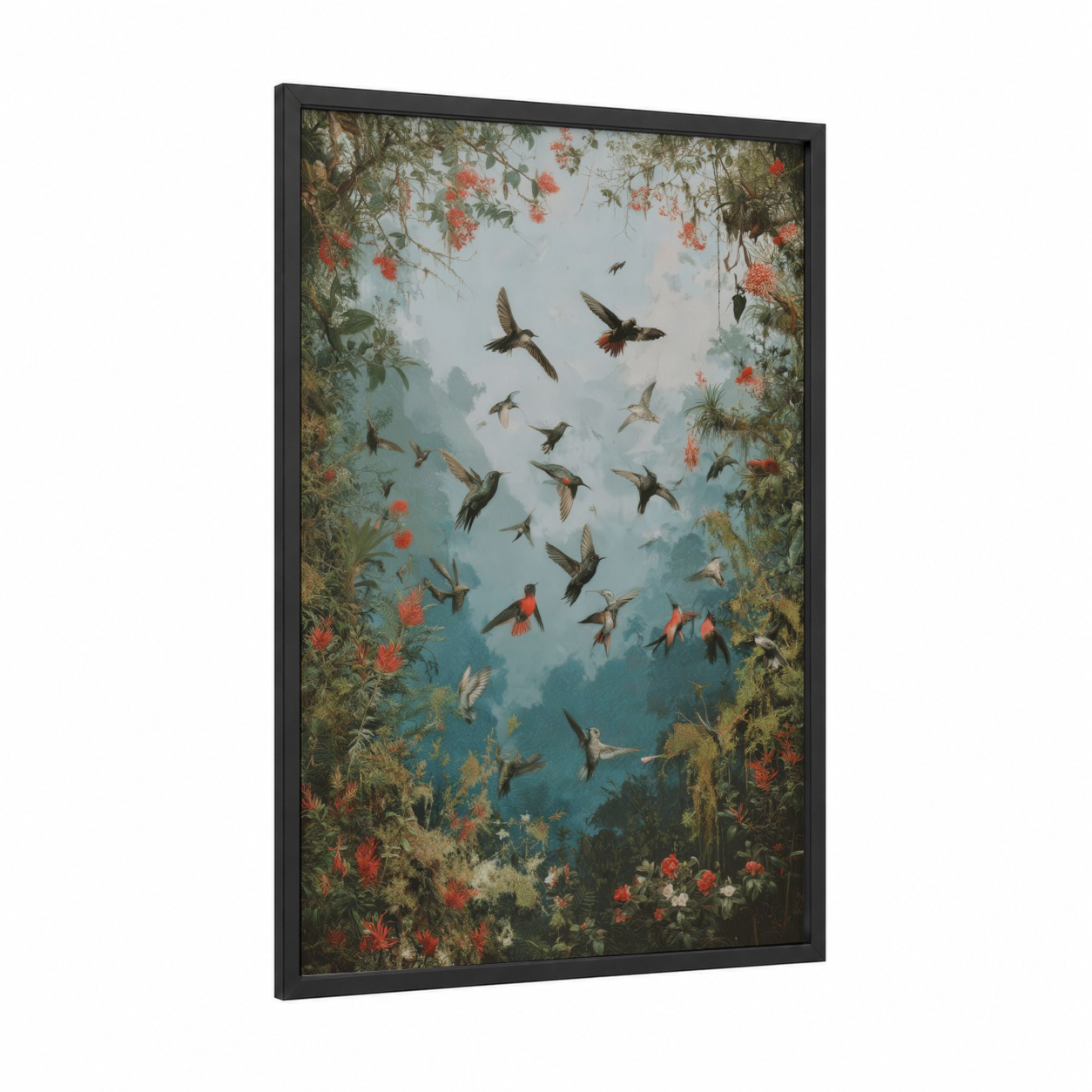 Tropical Hummingbird Flight framed art print — black wood frame — sage green and salmon pink palette