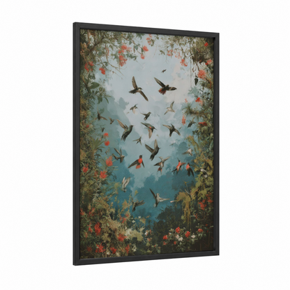 Tropical Hummingbird Flight framed art print — black wood frame — sage green and salmon pink palette