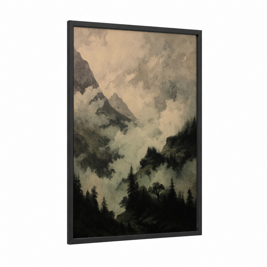 Misty Mountain Storm framed art print — black wood frame — gray and black and white palette