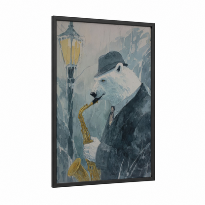 Snowy Saxophonist framed polar bear print — black wood frame — gray and white and yellow gold palette