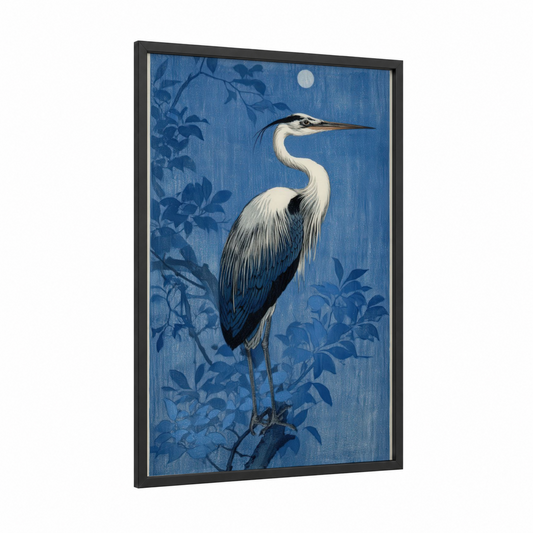Moonlit Heron framed art print — black wood frame — blue and white palette