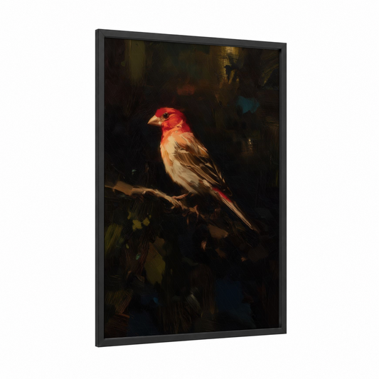 Crimson Finch Portrait framed art print — black wood frame — red and gold palette