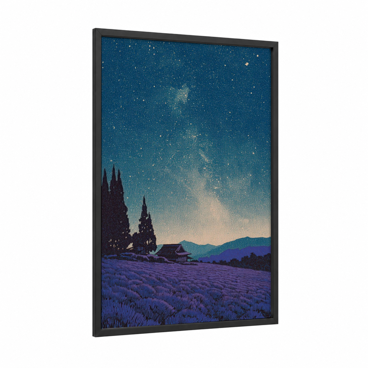 Lavender Milky Way framed art print — black wood frame — blue and purple palette