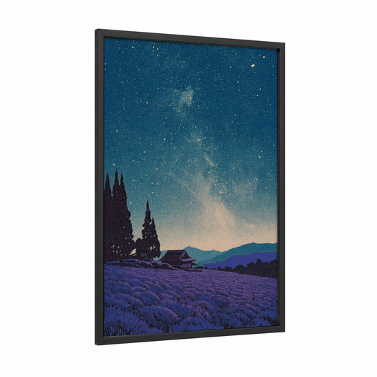 Lavender Milky Way framed art print — black wood frame — blue and purple palette