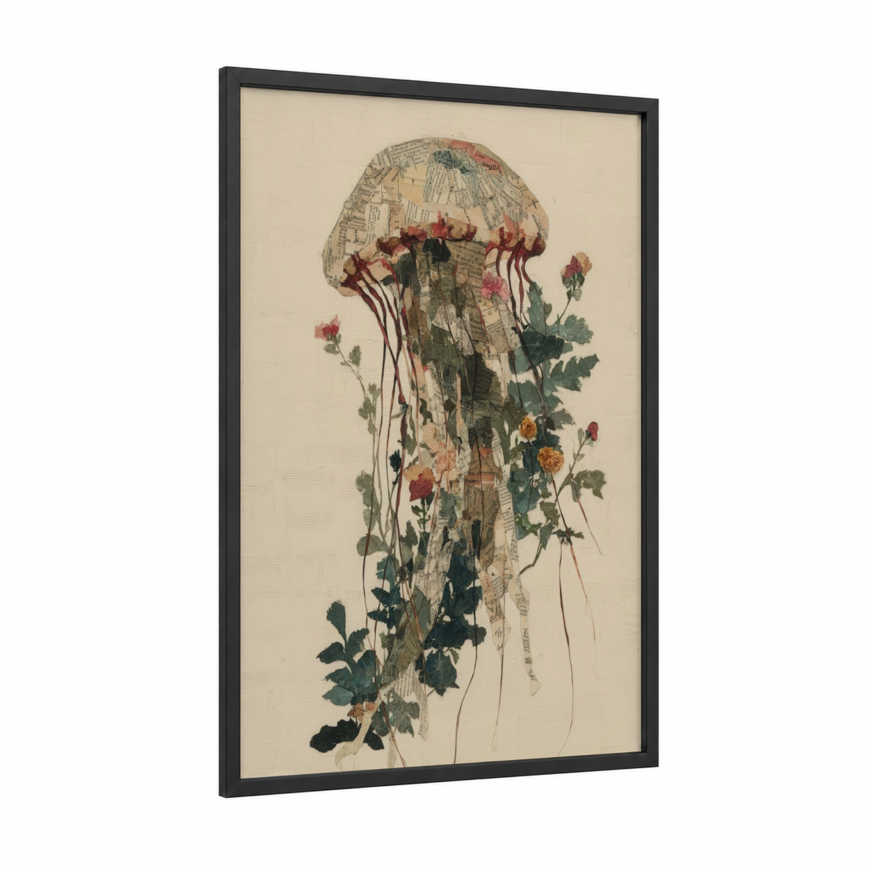 Botanical Jellyfish framed art print — black wood frame — cream and sage green palette