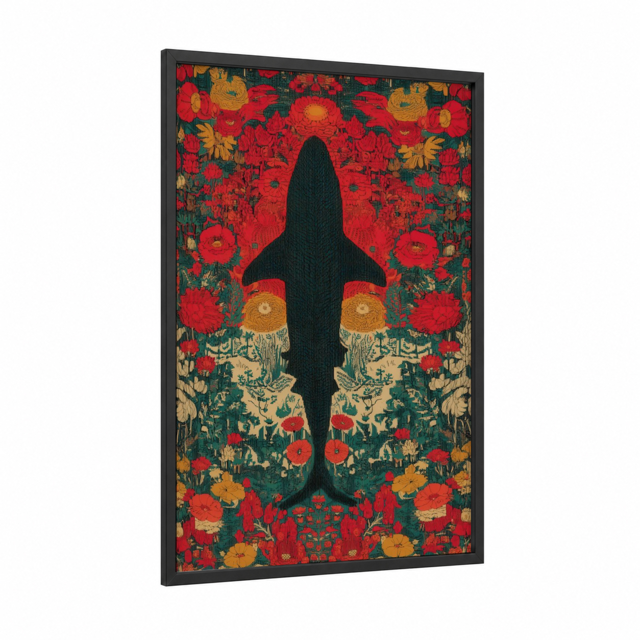 Floral Basking Shark framed art print — black wood frame — red and gold palette