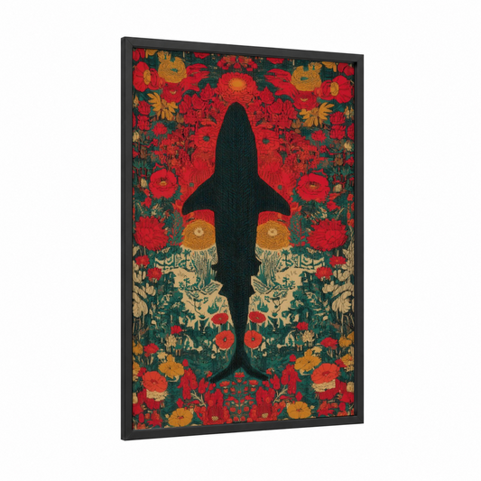 Floral Basking Shark framed art print — black wood frame — red and gold palette