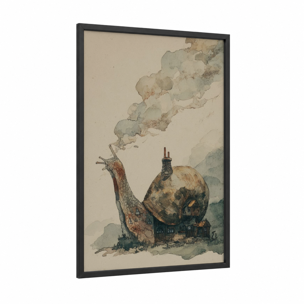 Snail House framed art print — black wood frame — beige and sage green palette