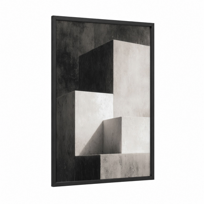 Geometric Masonry framed art print — black wood frame — black and white and gray palette