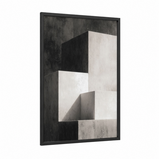 Geometric Masonry framed art print — black wood frame — black and white and gray palette