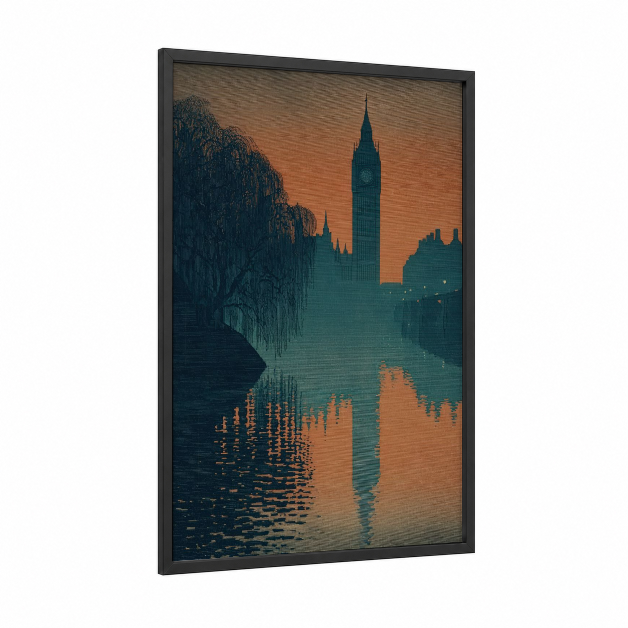 Golden Big Ben framed art print — black wood frame — orange and teal palette
