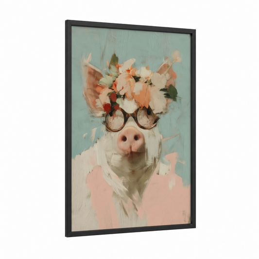 Flower Crown Pig framed art print — black wood frame — peach and sage green palette