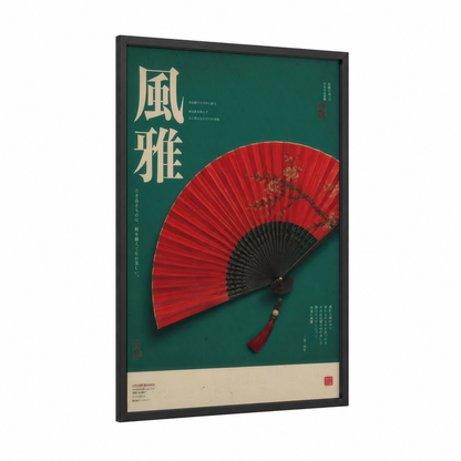 Japanese Cherry Blossom Fan Wall Art framed cherry blossoms print — black wood frame — red and true green palette