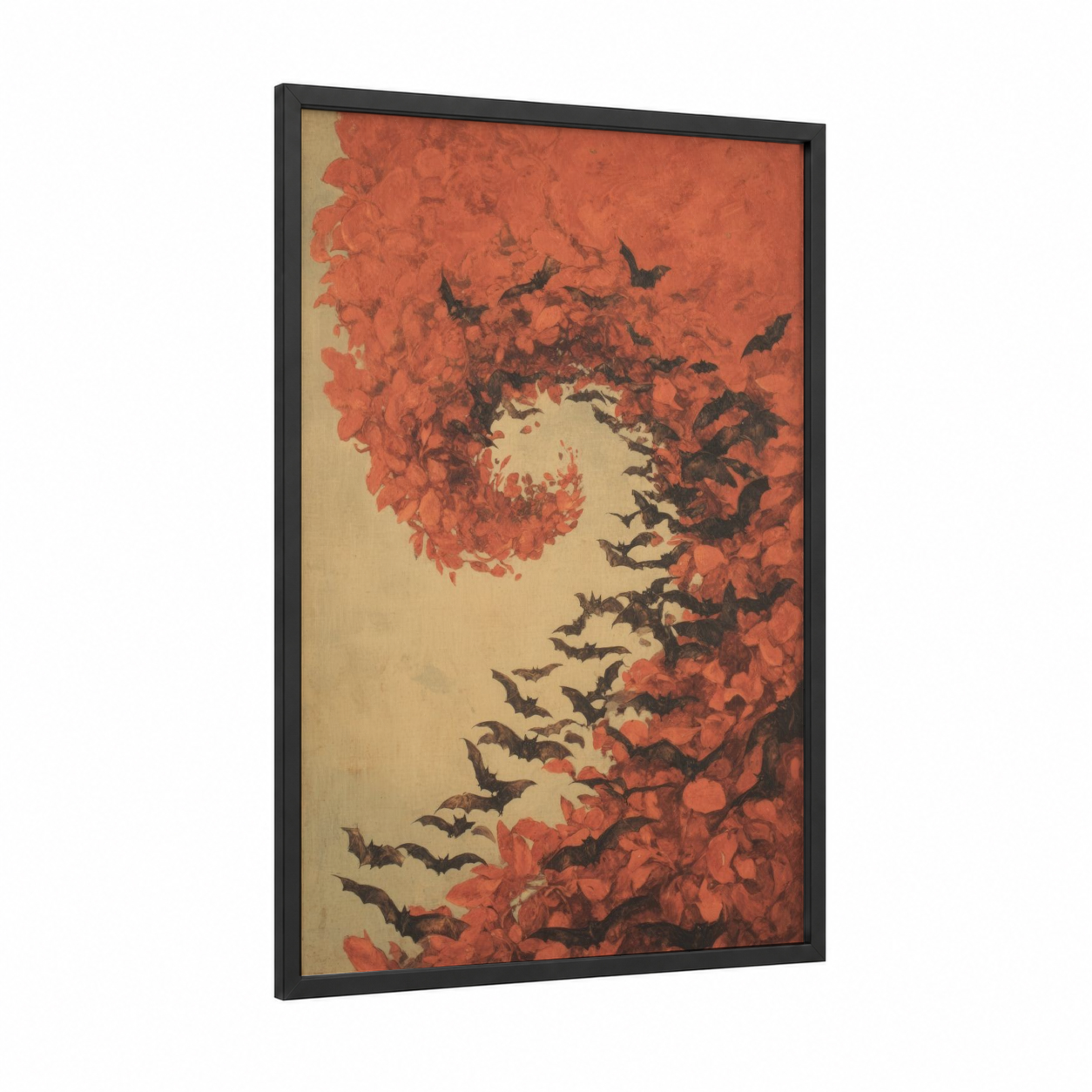 Crimson Bat Flight framed art print — black wood frame — russet and cream palette