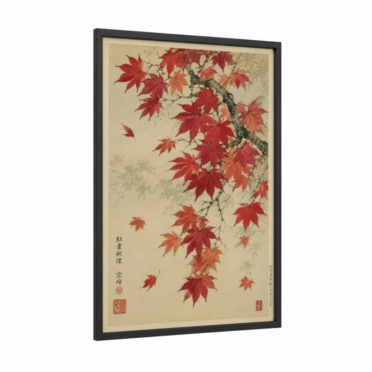 Japanese Maple Leaves Wall Art framed leaf print — black wood frame — red and beige palette