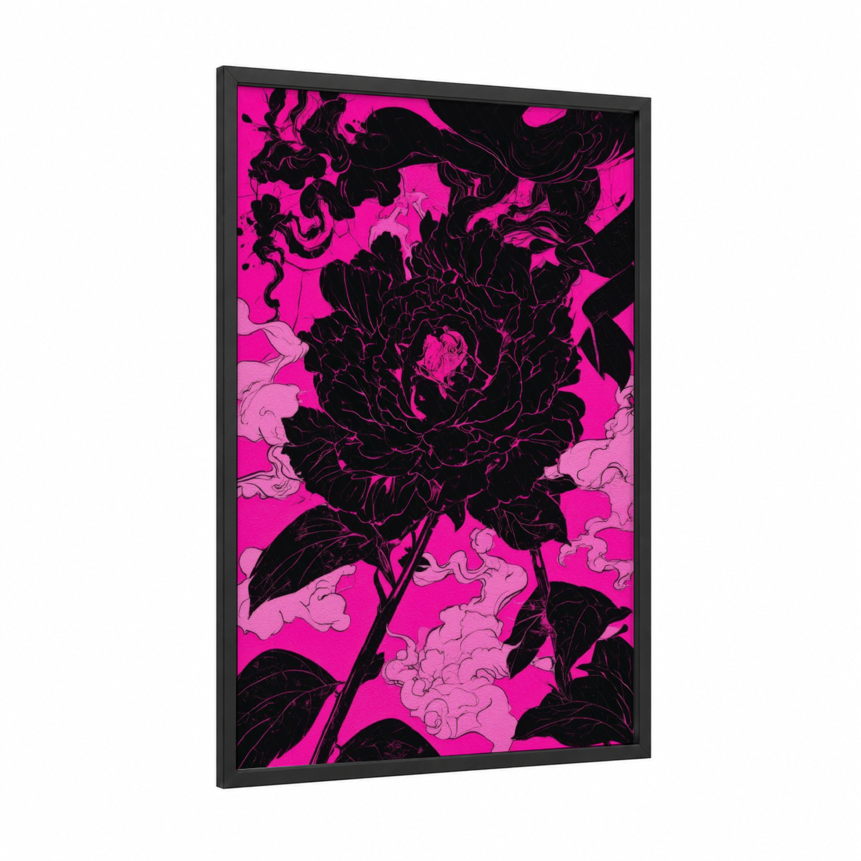 Neon Peony framed abstract flower print — black wood frame — magenta and black and pink palette