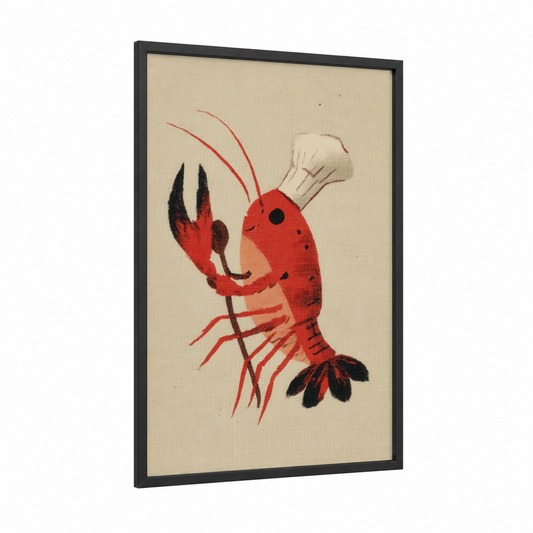 Crimson Crayfish framed art print — black wood frame — red and cream palette