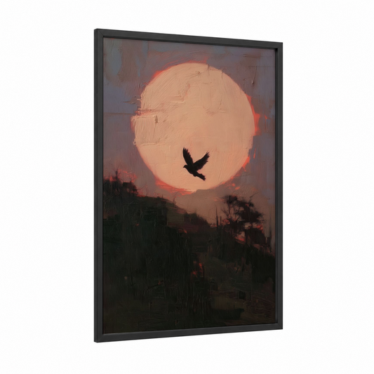 Sunset Dove framed art print — black wood frame — peach and black palette