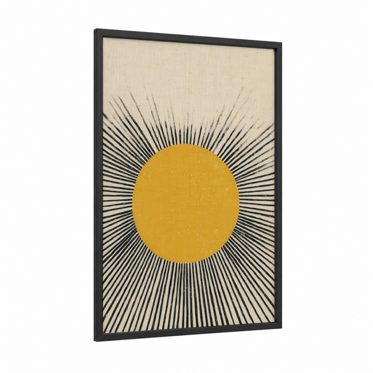 Golden Sunburst framed the sun print — black wood frame — yellow gold and cream palette