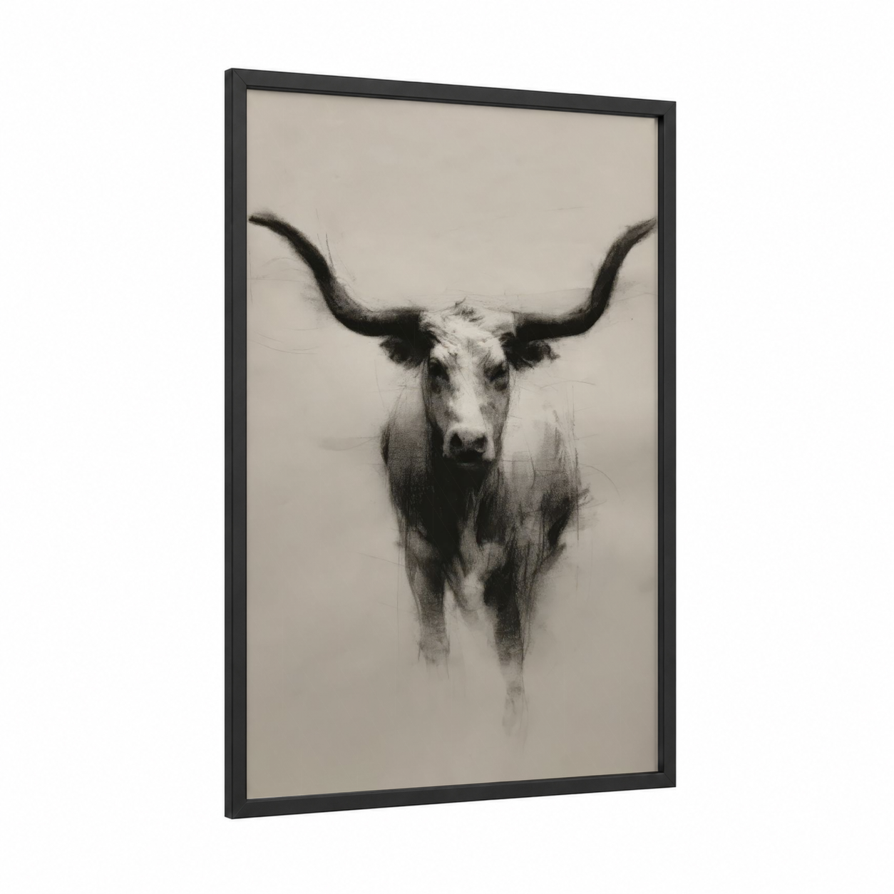 Longhorn Portrait framed longhorn cow print — black wood frame — black and white and gray palette
