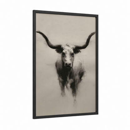 Longhorn Portrait framed longhorn cow print — black wood frame — black and white and gray palette