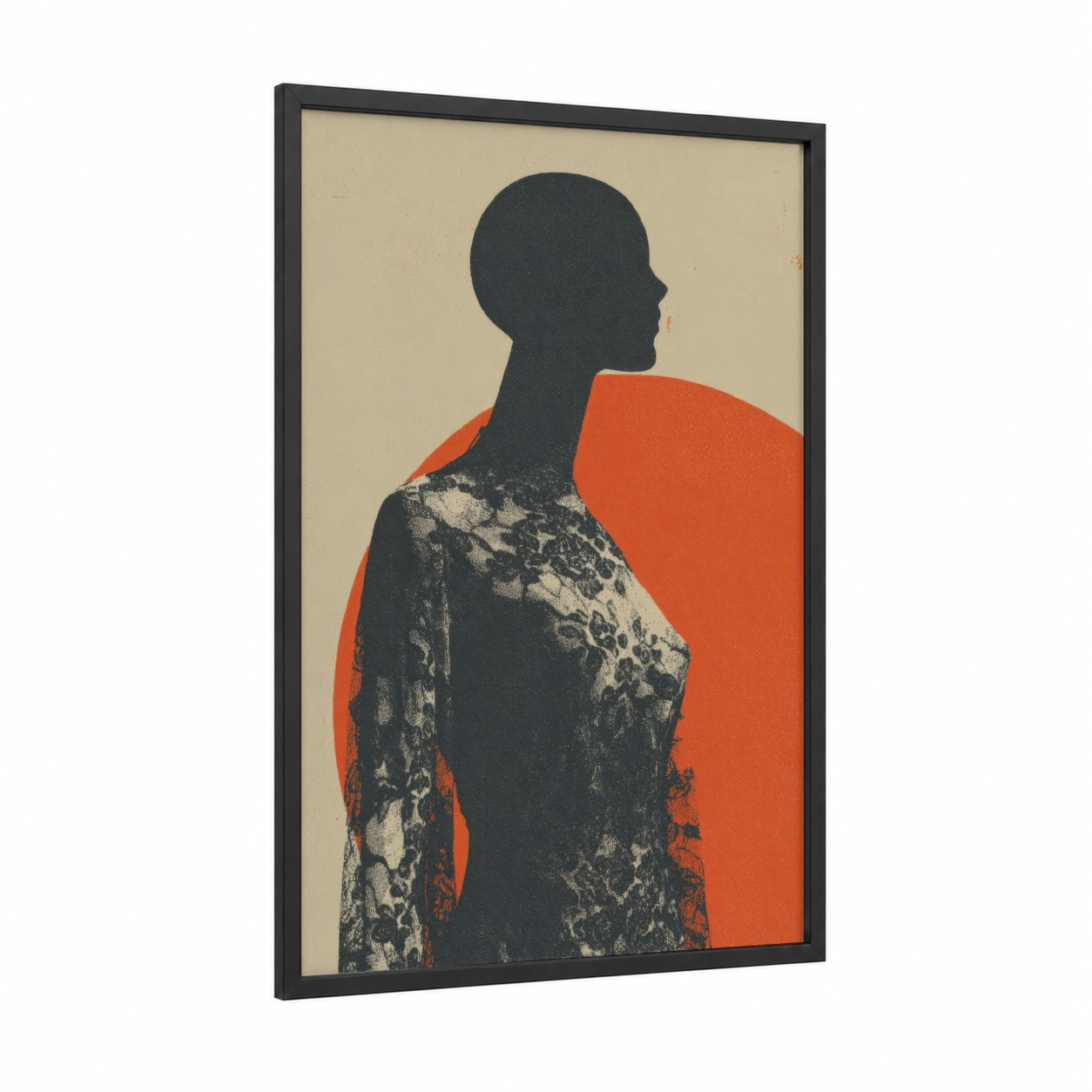 Knitted Silhouette framed knitting and sewing print — black wood frame — orange and black palette