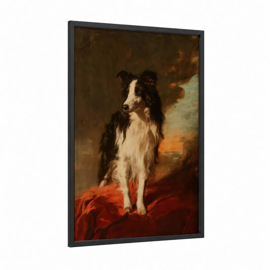Elegant Collie Portrait framed shepherd dogs and collies print — black wood frame — gold and red palette