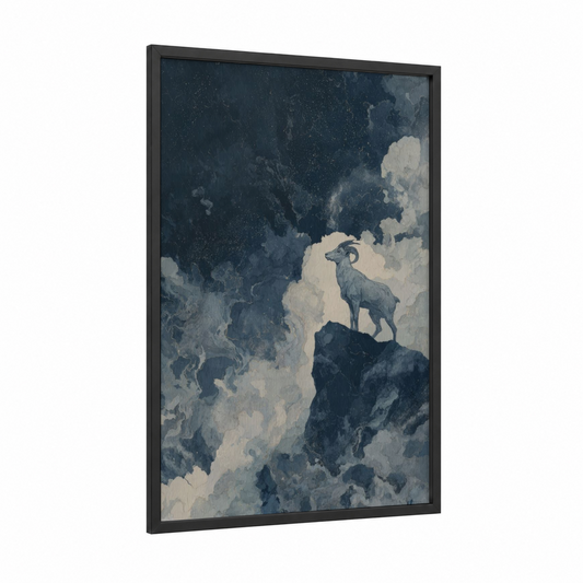 Celestial Capricorn framed art print — black wood frame — blue and white and gray palette