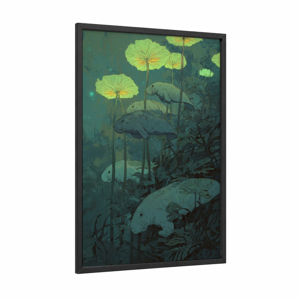 Gentle Manatees framed art print — black wood frame — teal and light green palette