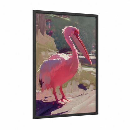 Crimson Pelican framed art print — black wood frame — magenta and sage green palette