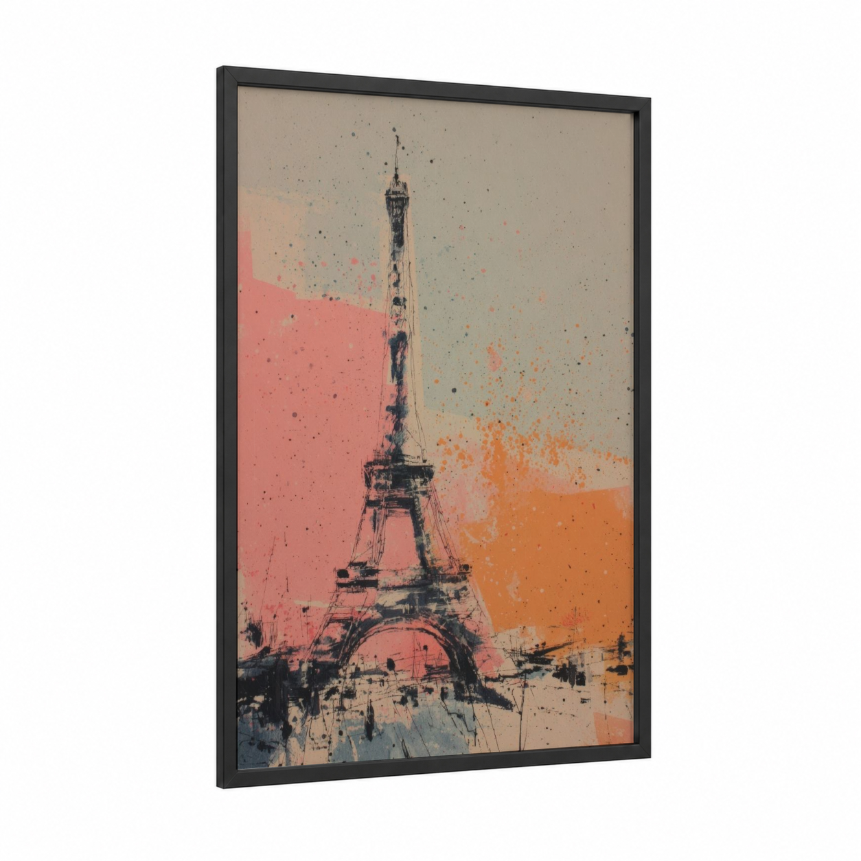 Colorful Eiffel Tower framed art print — black wood frame — salmon pink and pumpkin palette