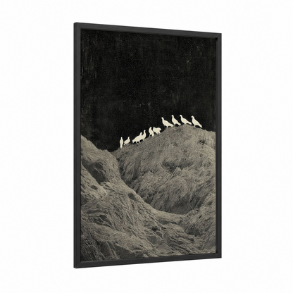 Perched Doves framed art print — black wood frame — black and white and gray palette