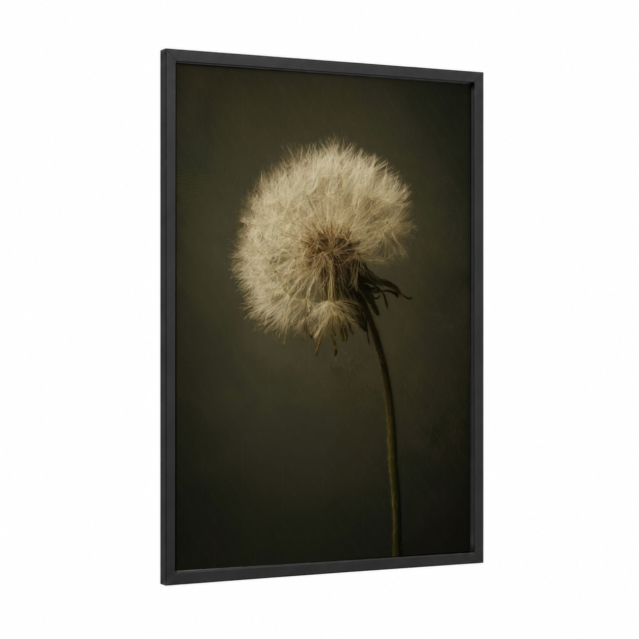 Ethereal Dandelion framed art print — black wood frame — olive and white palette