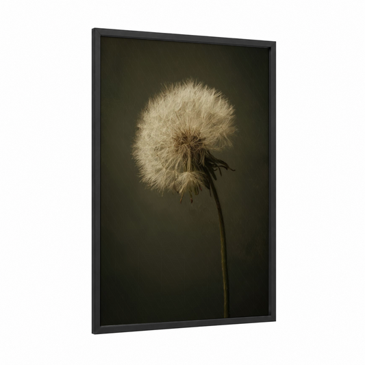 Ethereal Dandelion framed art print — black wood frame — olive and white palette