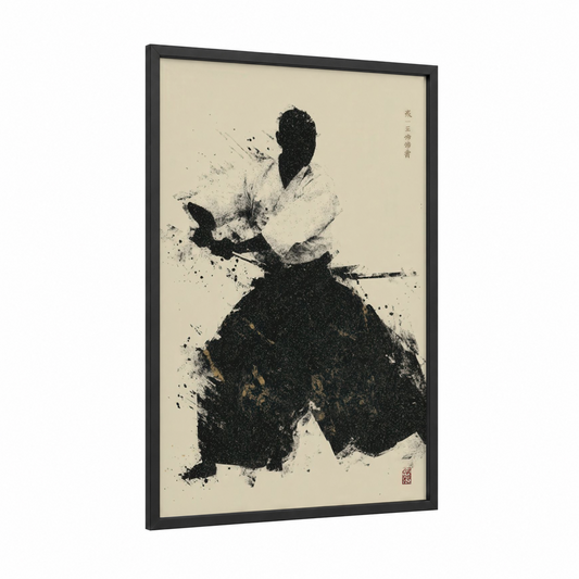 Aikido Warrior framed art print — black wood frame — black and white and cream palette