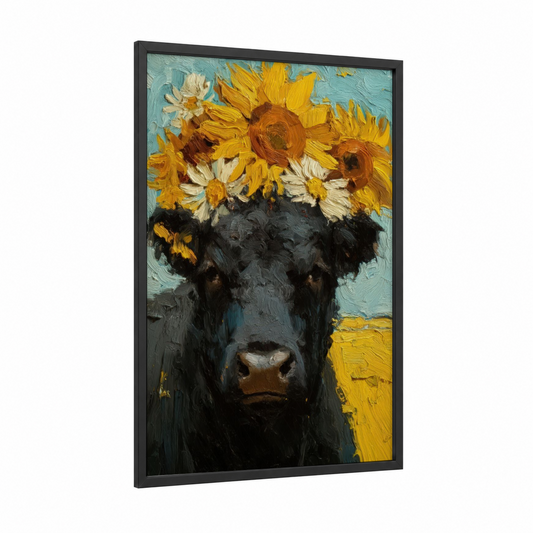Sunflower Angus framed angus cow print — black wood frame — gold and teal palette